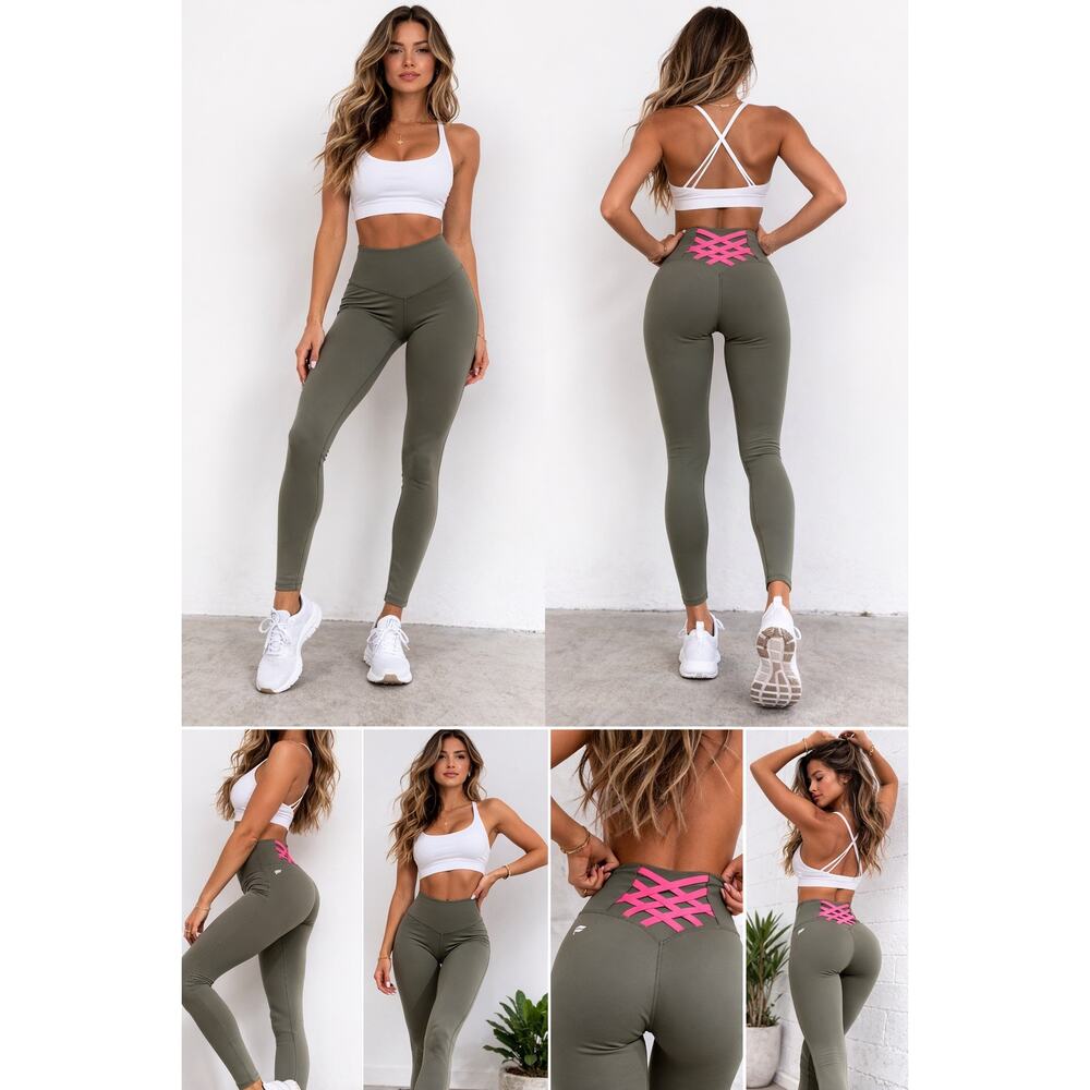 Fabletics PowerHold Leggings M Olive Pink Lace Back High Rise Yoga Gym